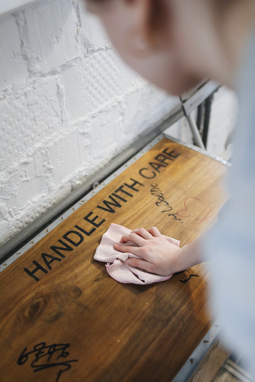 a person wiping a wooden box with a cloth